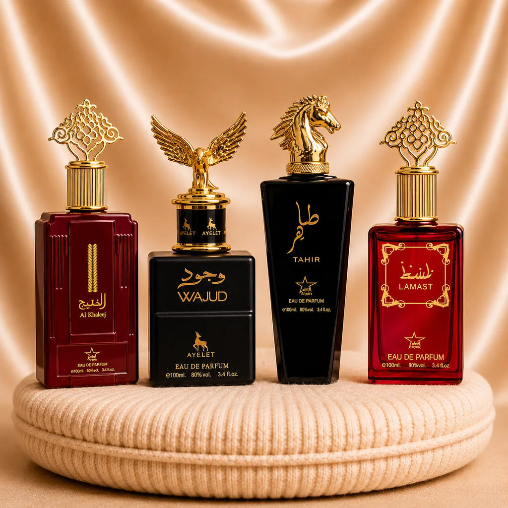 Set of four Oriental perfumes including Wajud, Lamast, Tahir, and Al Khaleej by Maleila, featuring two dama and two barbat fragrances.