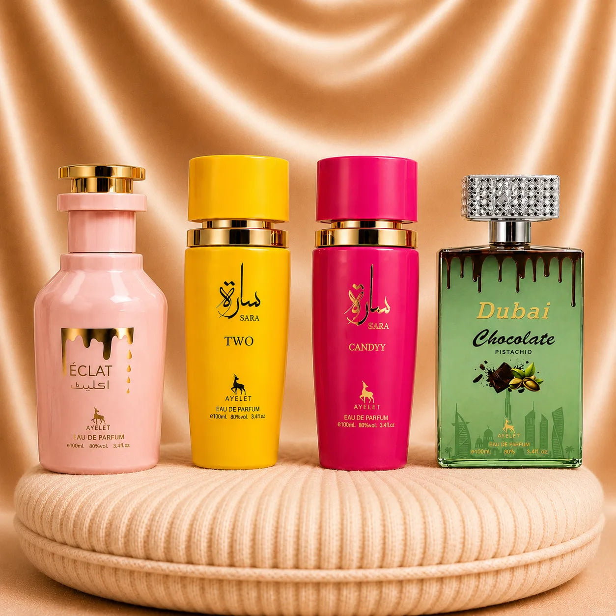 Set of four ZEIRA oriental perfumes including Eclat, Sara Two, Sara Candy, and Dubai Chocolate Pistachio, featuring elegant bottles.