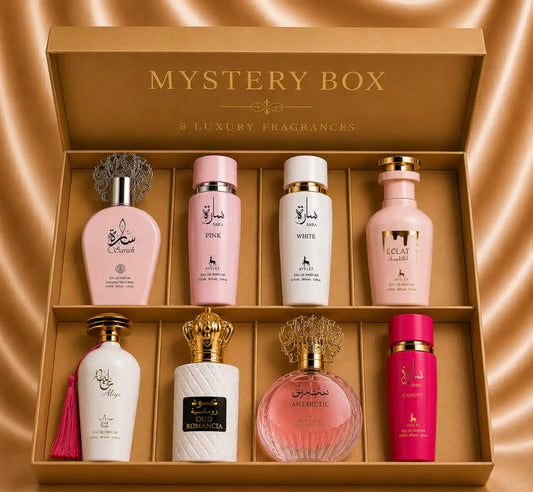 Set of 8 Zeira Arabesti parfumuri de dama in a mystery box, showcasing elegant perfume bottles with floral and oriental designs.