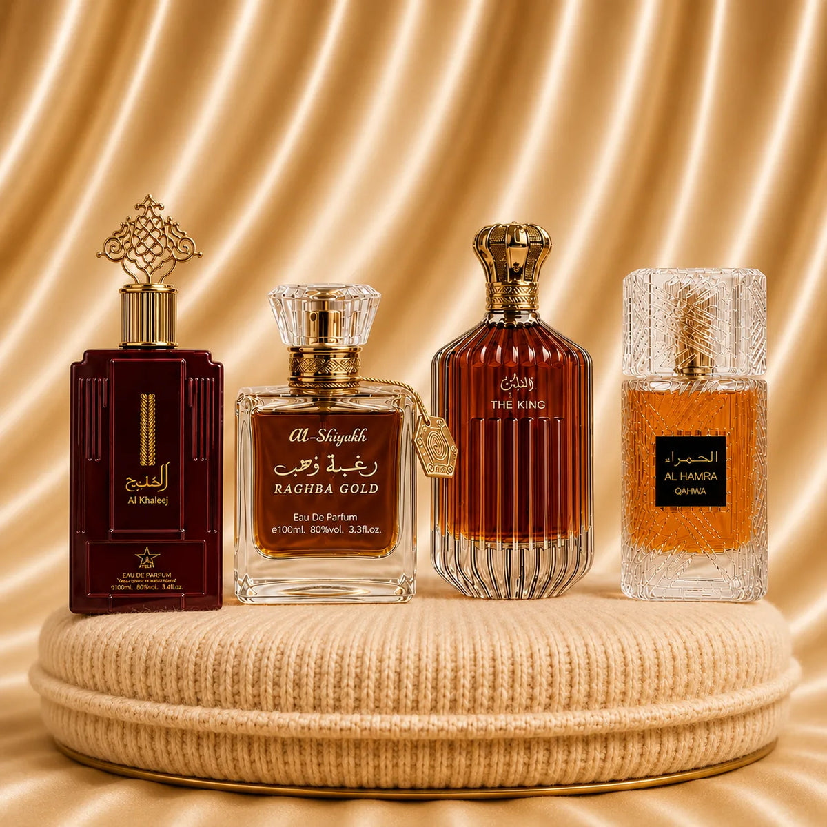 Set 4 Parfumuri Orientale (2x Dama + 2x Barbat) - Al Khaleej + Raghba Gold + The King + Al Hamra Qahwa