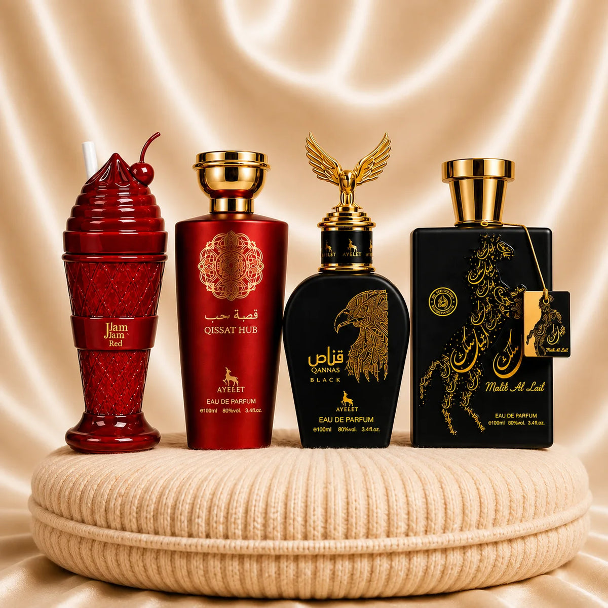 Set 4 Parfumuri Orientale (2x Dama + 2x Barbat) - JamJam Red + Qissat Hub Red + Qannas Black + Malik al Lail