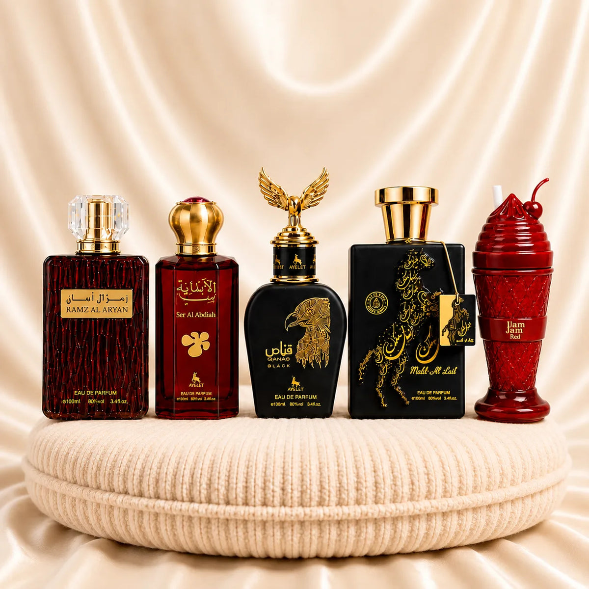 Set 5 Parfumuri Orientale (3x Dama+ 2x Barbat) - Ramz Al Aryan + Ser Al Abdiah + Qannas Black + Malik Al Lail + JamJam Red