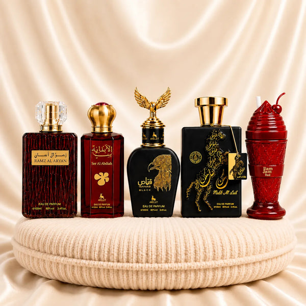 Set 5 Parfumuri Orientale (3x Dama+ 2x Barbat) - Ramz Al Aryan + Ser Al Abdiah + Qannas Black + Malik Al Lail + JamJam Red