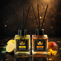 Set of 2 ZEIRA ambient perfumes featuring lemon and mango scents, shown in elegant bottles for home fragrance.