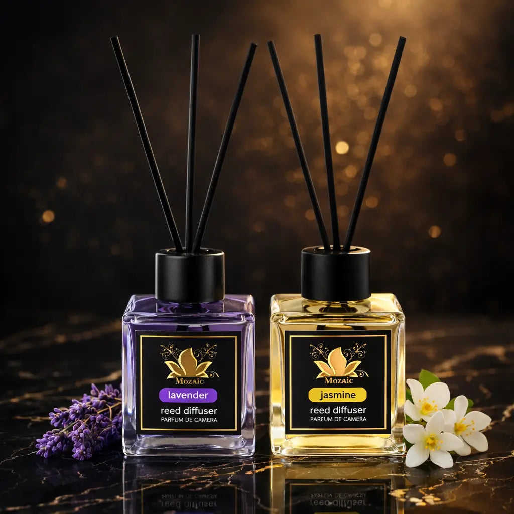 Set of two ZEIRA ambient perfumes featuring lavender and jasmine scents, shown in elegant bottles for home fragrance.