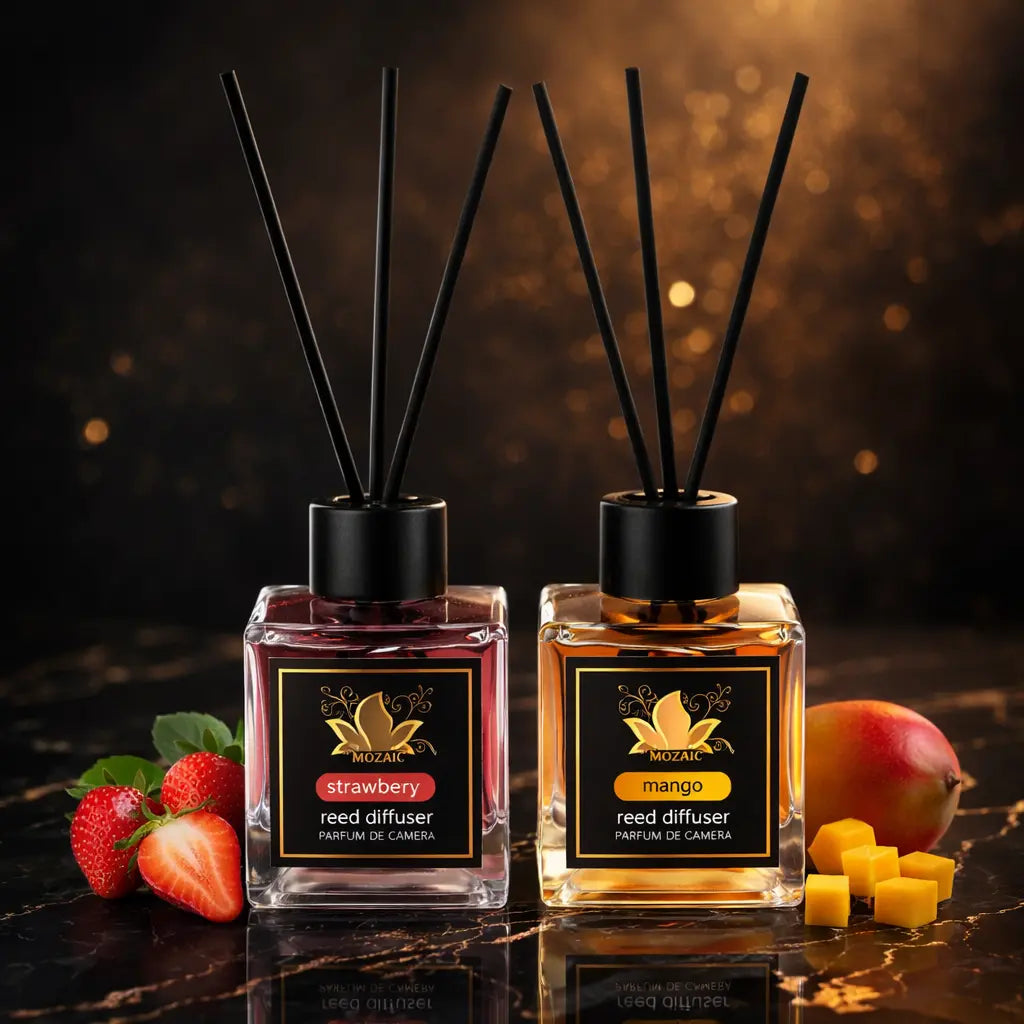 Set of 2 ambient perfumes by ZEIRA featuring mango and strawberry scents, shown in elegant bottles for home fragrance.