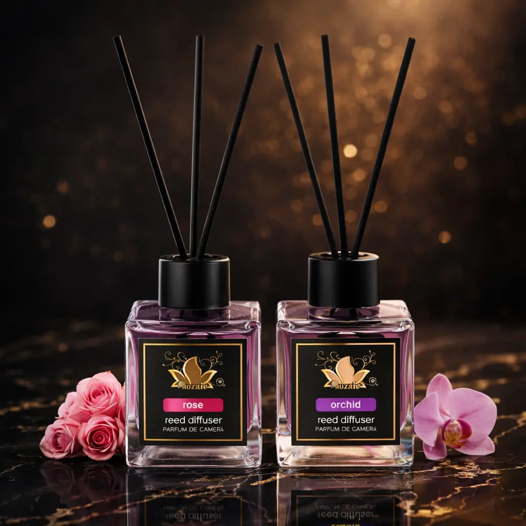 Set of 2 ZEIRA ambient perfumes with rose and orchid scents, featuring elegant bottles and floral fragrance representations.