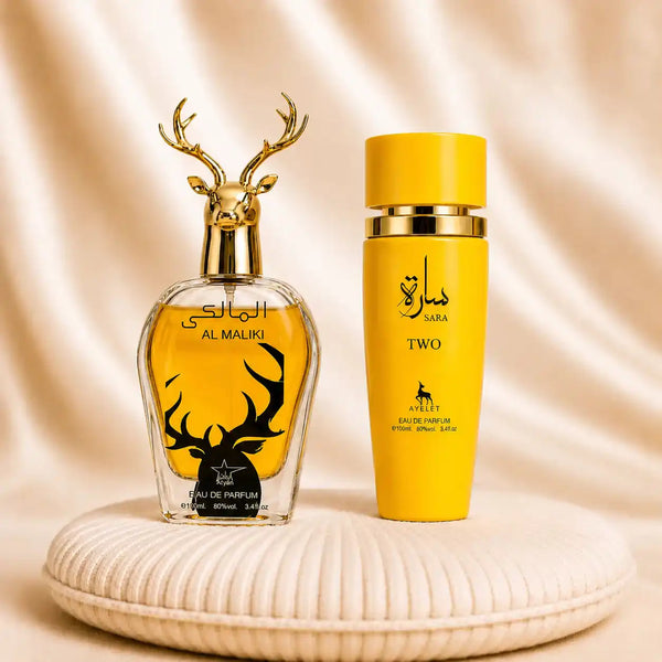 Set of two oriental perfumes for women and men by ZEIRA, featuring Al Maliki and Sara Two bottles on display.
