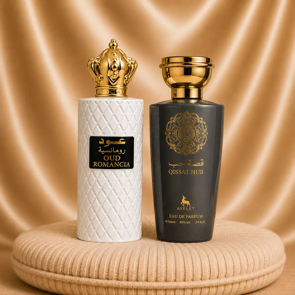 Set 2 Parfumuri Orientale (Dama + Barbat) - Oud Romancia + Qissat Hub