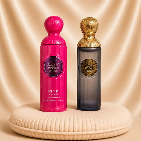 Set of two oriental perfumes for women and men by ZEIRA, featuring Qissah Pink and Qissah Grey fragrances.