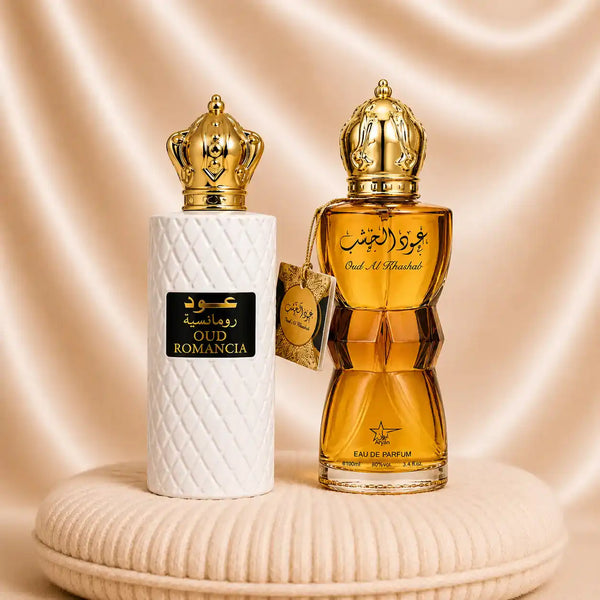Set of two oriental perfumes for women and men by ZEIRA, featuring Oud Romancia and Oud Al Khashab fragrances.