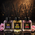 Set of three ZEIRA ambient perfumes featuring orchid, jasmine, and rose scents in elegant bottles.