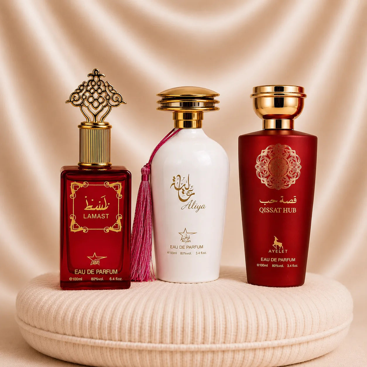 Set 3 Parfumuri Orientale Dama - Alyia + Lamast + Qissat Hub Red