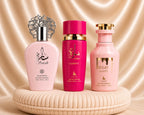 Set of three Zeira oriental women’s perfumes featuring Sarah, Sara Candy, and Eclat bottles with elegant packaging.