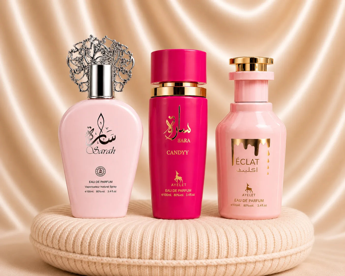 Set of three Zeira oriental women’s perfumes featuring Sarah, Sara Candy, and Eclat bottles with elegant packaging.