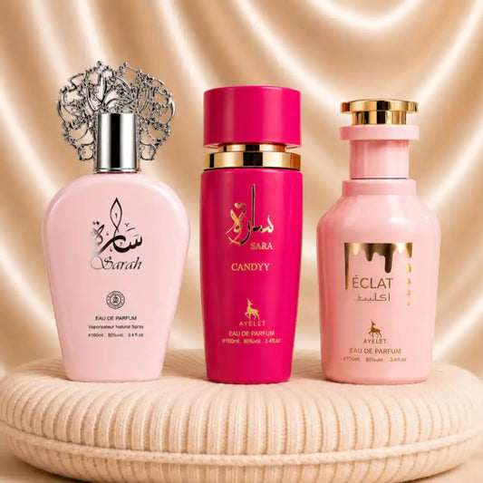 Set of three Zeira oriental women’s perfumes featuring Sarah, Sara Candy, and Eclat bottles with elegant packaging.