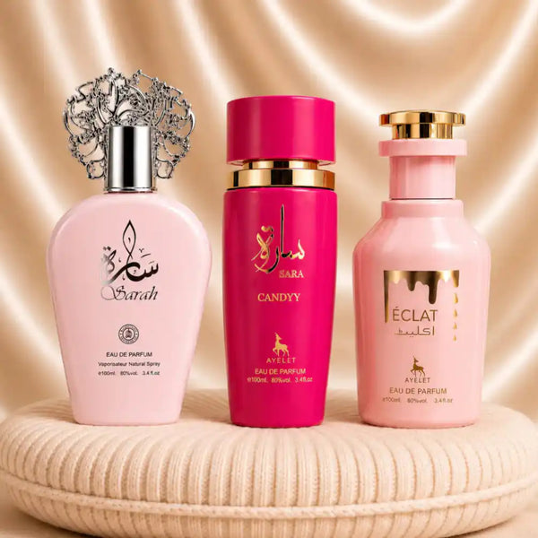 Set of three Zeira oriental women’s perfumes featuring Sarah, Sara Candy, and Eclat bottles with elegant packaging.