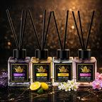 Set of four ZEIRA ambient fragrances featuring lemon, lavender, jasmine, and orchid scent diffusers in elegant bottles.