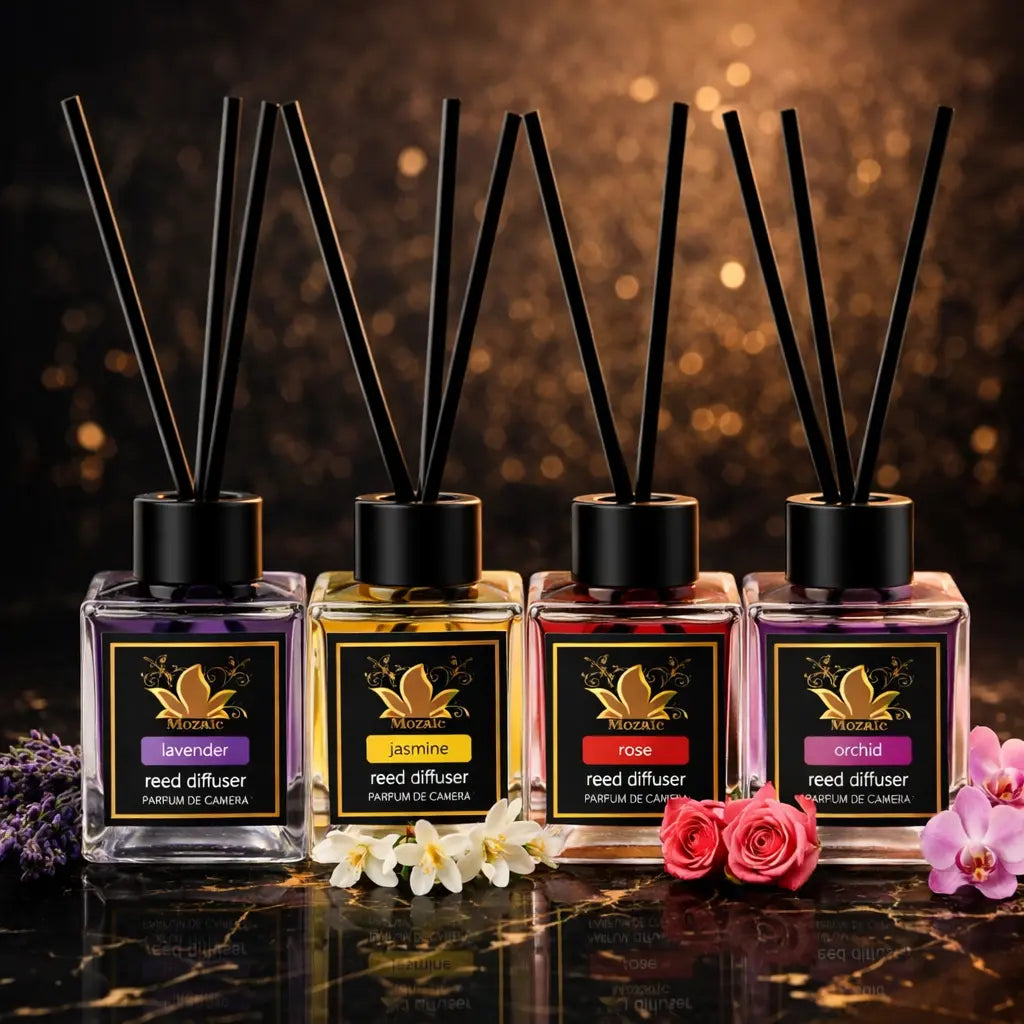 Set of four ZEIRA ambient perfumes with lavender, jasmine, rose, and orchid scents in elegant bottles.