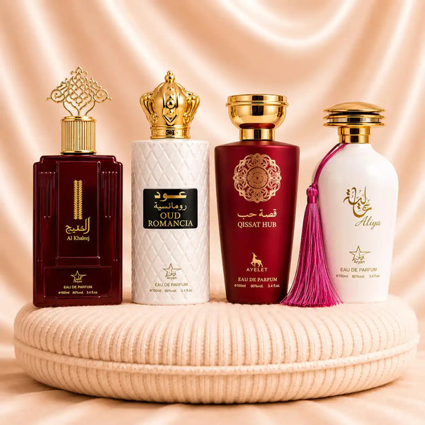 Set 4 Parfumuri Orientale Dama – Al Khaleej + Oud Romancia + Qissat Hub Red + Aliya