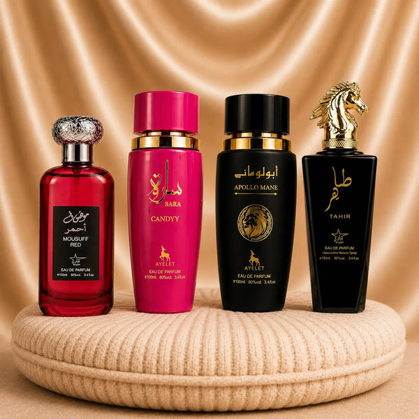 Set 4 Parfumuri Orientale (2x Dama + 2x Barbat) - Mousuff Red + Sara Candy + Apollo Mane Black + Tahir