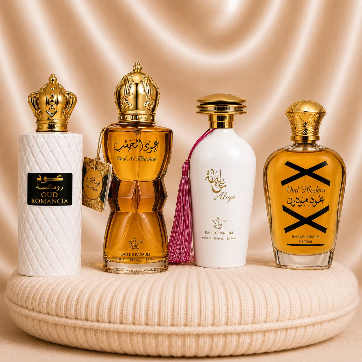 Set 4 Parfumuri Orientale (2x Dama + 2x Barbat) - Oud Romancia + Oud Al Khashab + Aliya + Oud Modern