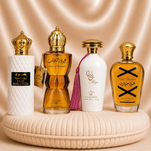 Set 4 Parfumuri Orientale (2x Dama + 2x Barbat) - Oud Romancia + Oud Al Khashab + Aliya + Oud Modern