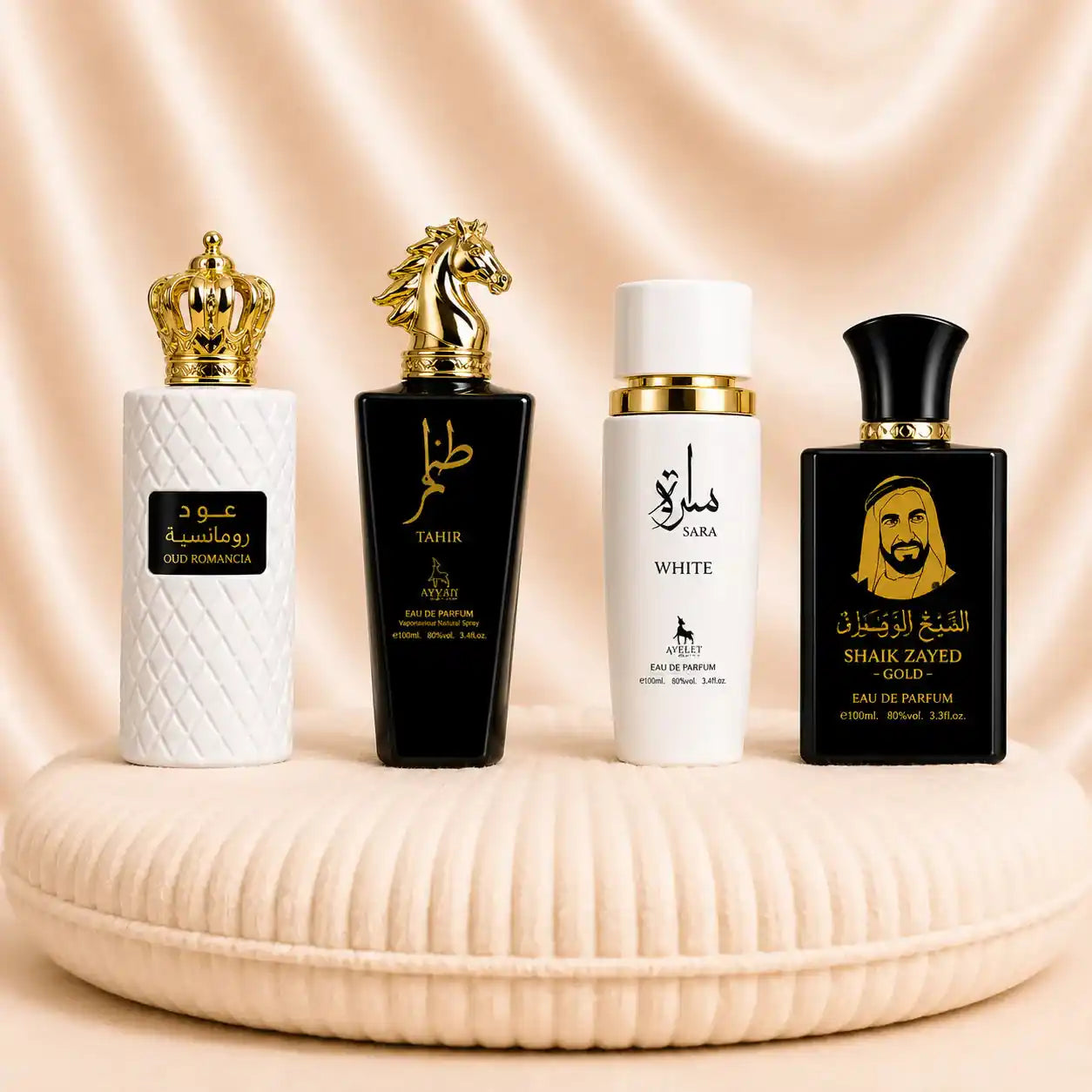 Set 4 Parfumuri Orientale (2x Dama + 2x Barbat) - Oud Romancia + Tahir + Sara White + Sheik Zayed Gold