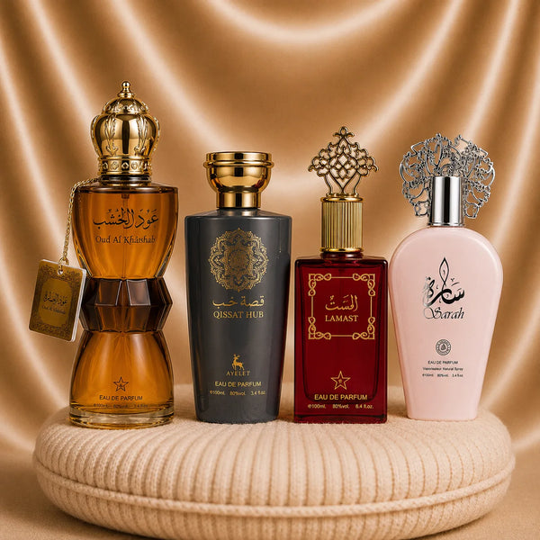 Set 4 Parfumuri Orientale (2x Dama + 2x Barbat) - Lamast + Sarah + Oud al Khashab + Qissat Hub Grey