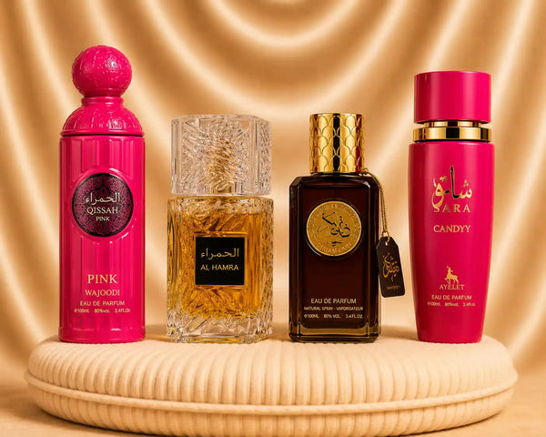 Set of four ZEIRA oriental perfumes including Qissah Pink, Al Hamra, Dirham Oud, and Sara Candy for women and men.