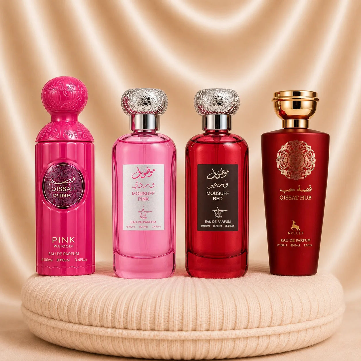 Set 4 Parfumuri Orientale Dama – Qissah Pink + Mousuff Pink + Mousuff Red + Qissat Hub