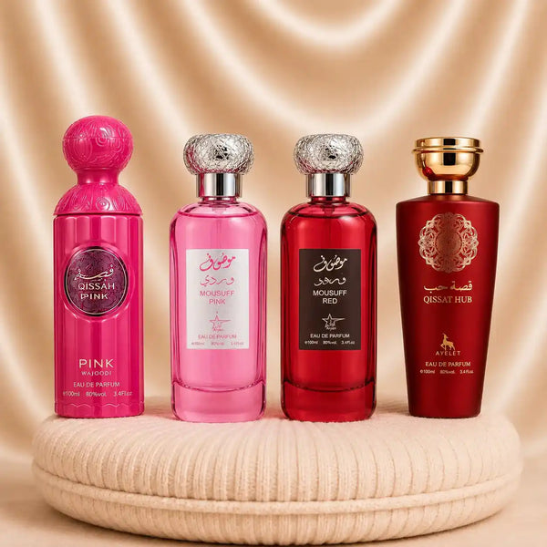 Set 4 Parfumuri Orientale Dama – Qissah Pink + Mousuff Pink + Mousuff Red + Qissat Hub