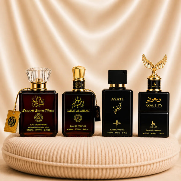 Set 4 Parfumuri Orientale (2x Dama + 2x Barbat) - Lailat al Ahlam + Sama Al Emarat + Ayati Black + Wajud