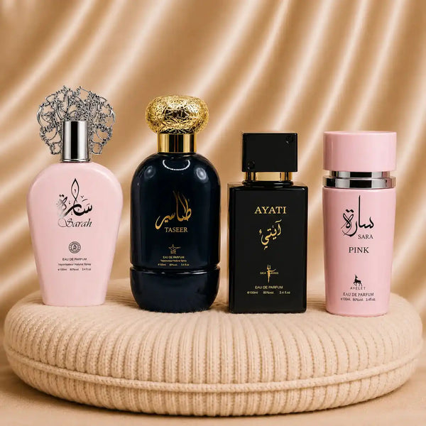 Set 4 Parfumuri Orientale (2x Dama + 2x Barbat) - Sarah + Sara Pink + Taseer + Ayati
