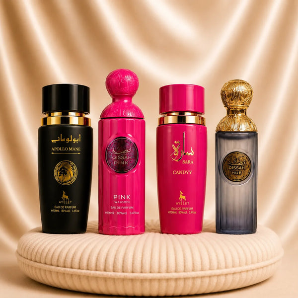 Set 4 Parfumuri Orientale (2x Dama + 2x Barbat) - Qissah Pink + Sara Candy + Apollo Black + Qissah Grey