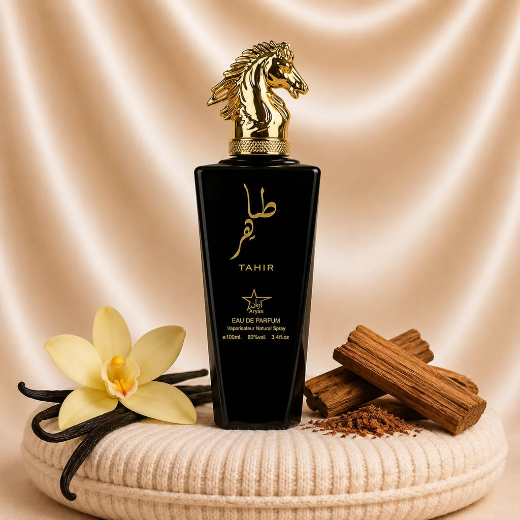 Set of four Oriental perfumes by Maleila including TAHIR, Al Khaleej, Wajud, and Lamast, featuring elegant bottles for men and women.