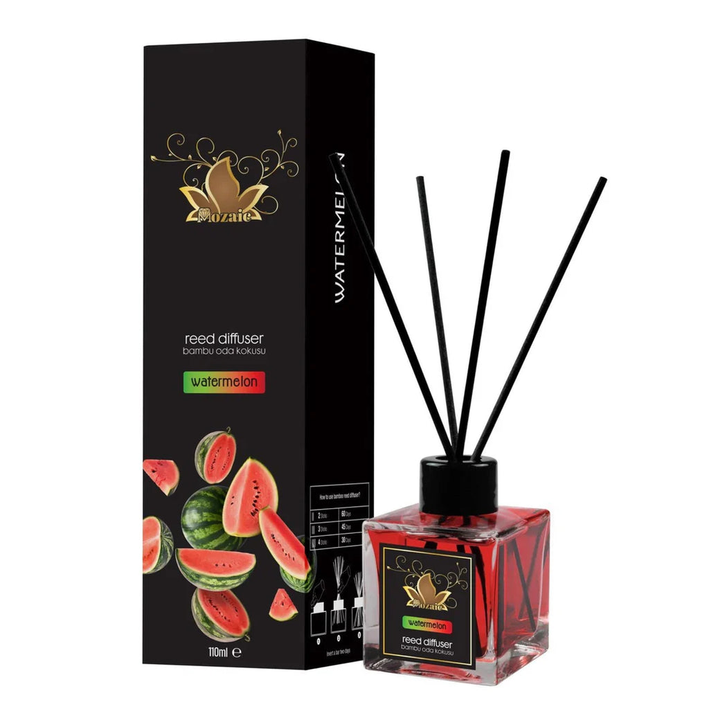 Set of 4 ZEIRA ambient parfumers with strawberry, watermelon, lemon, and mango scents in a mosaic design, 120ml each.