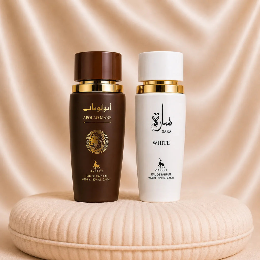 Set of two Zeira oriental perfumes, Sara White for women and Apollo Mane Brown for men, showcased in elegant bottles.