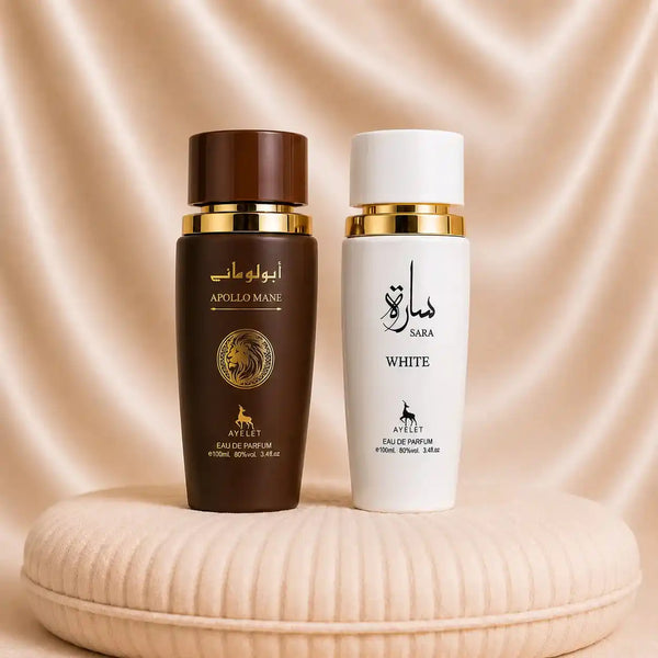 Set of two Zeira oriental perfumes, Sara White for women and Apollo Mane Brown for men, showcased in elegant bottles.