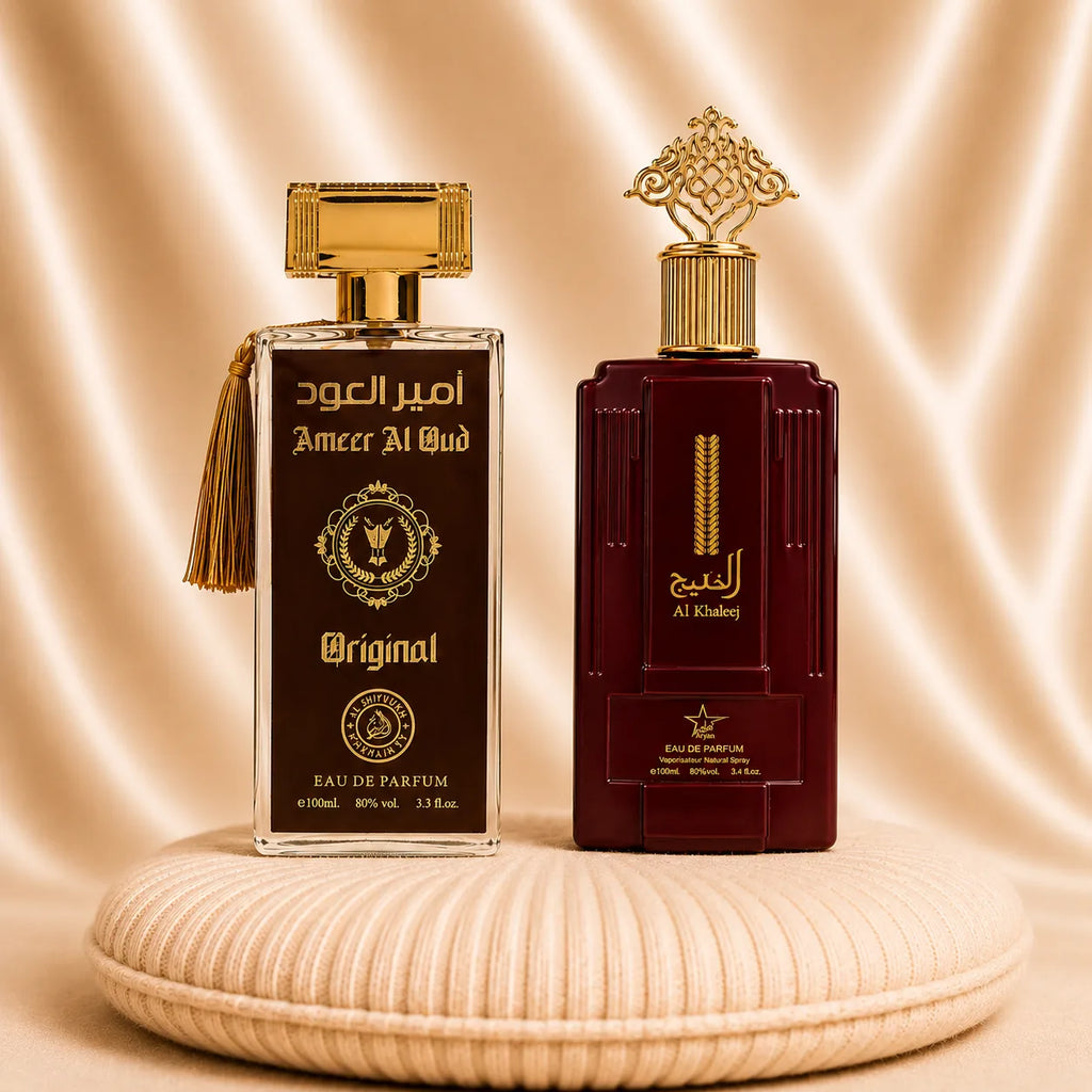 Set of two oriental perfumes for women and men by ZEIRA, featuring Al Khaleej and Ameer Al Oud original fragrances.