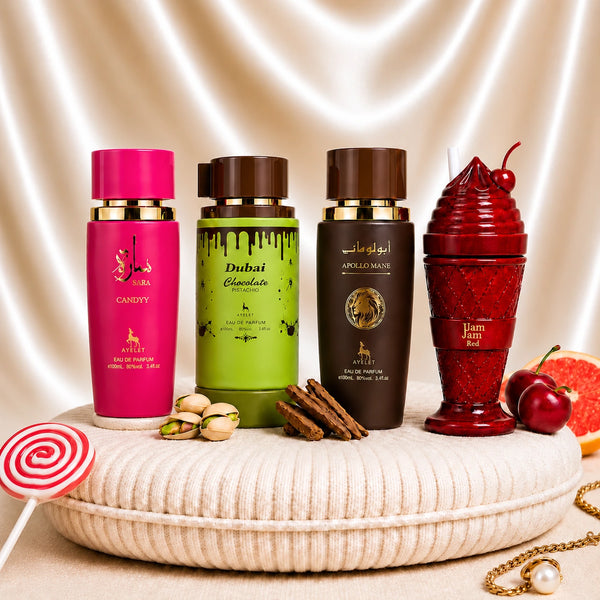 Set 4 Parfumuri Orientale (2x Dama + 2x Barbat) - Sara Candy + JamJam Red + Dubai Chocolate + Apollo Mane Brown